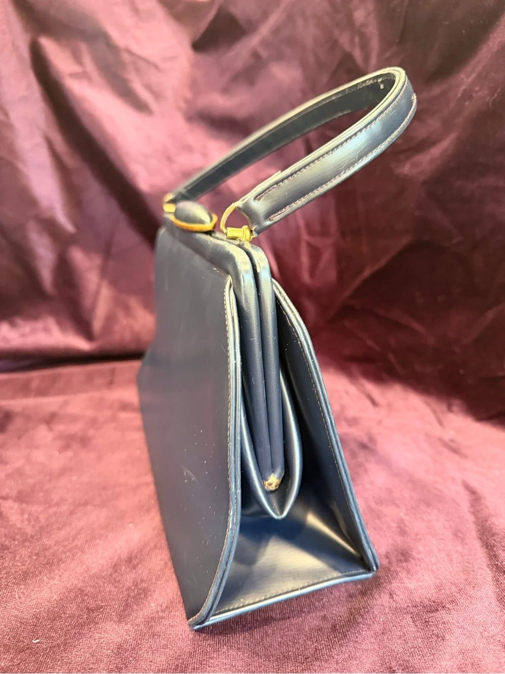Vintage Structured Classic Navy Blue Top-Handle Satchel